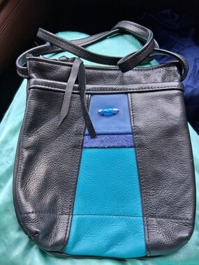 Handmade Black Leather Shoulder Bag with Teal and Blue Colorblock Panels